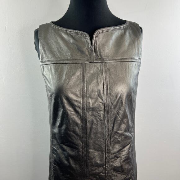 Elie Tahari Asphalt Black Mini Shift Dress Leather Split Neck Back Zip Size 6 - Picture 2 of 11